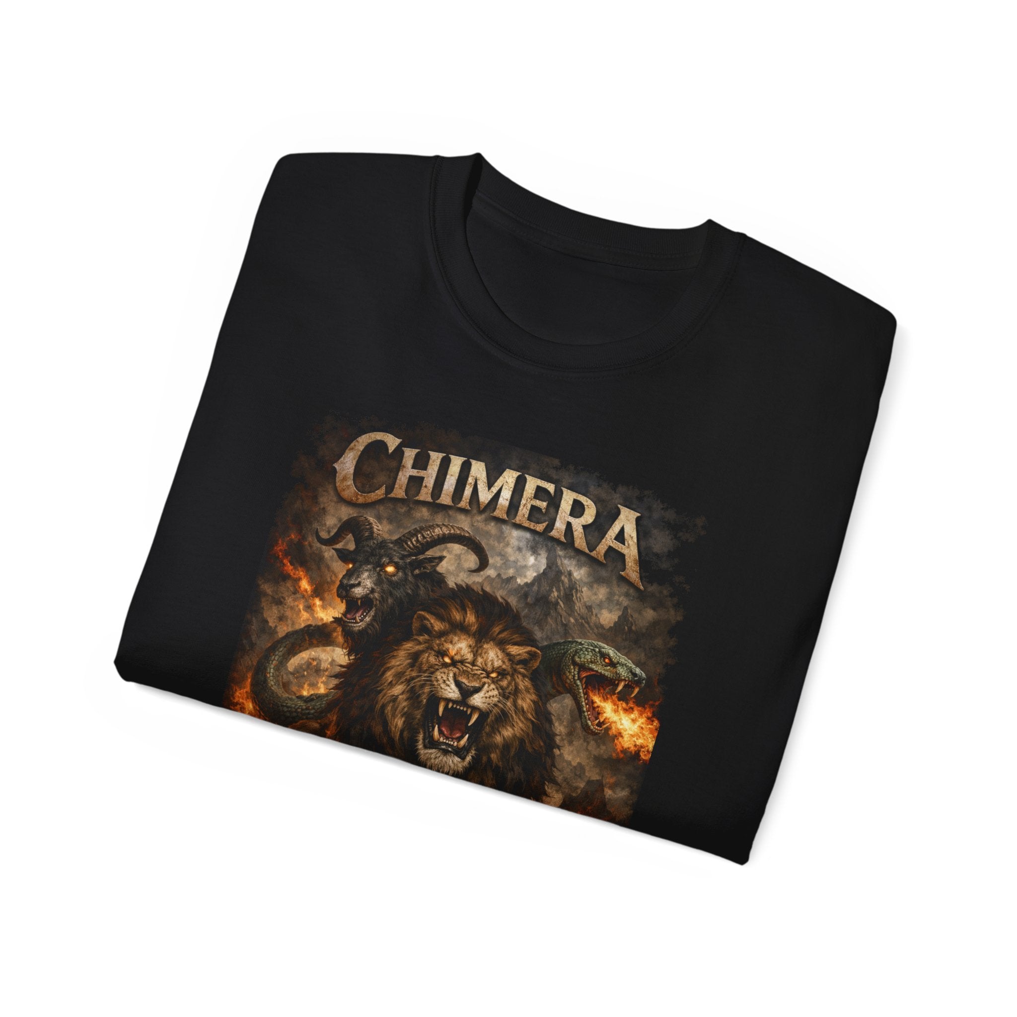 Chimera Mythical Beast - A Creature Born of Conflict Cotton Tee — Fierce Lion-Dragon Wolf Design