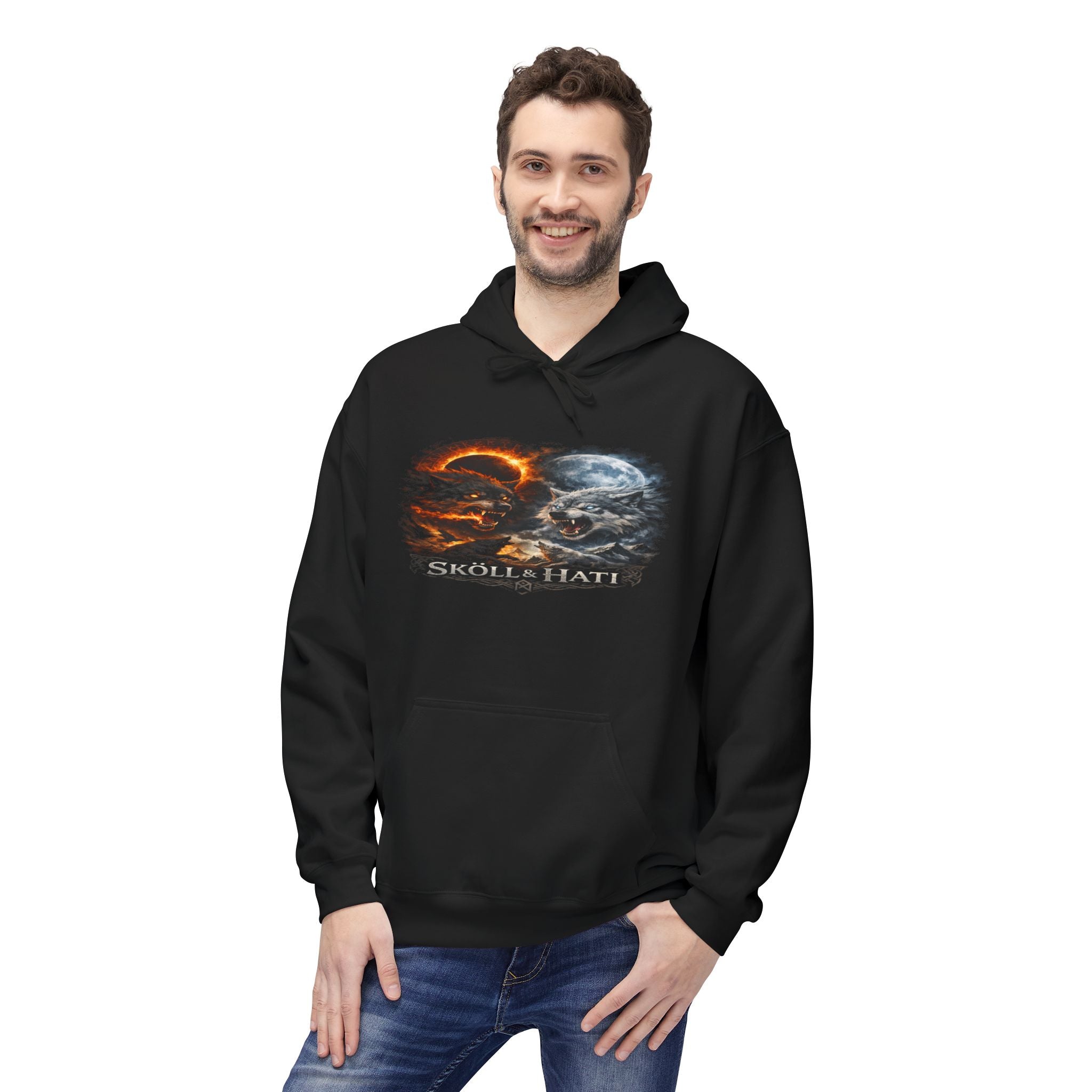 Skoll & Hati Norse Mythology Hoodie — Fire and Ice Wolves Graphic