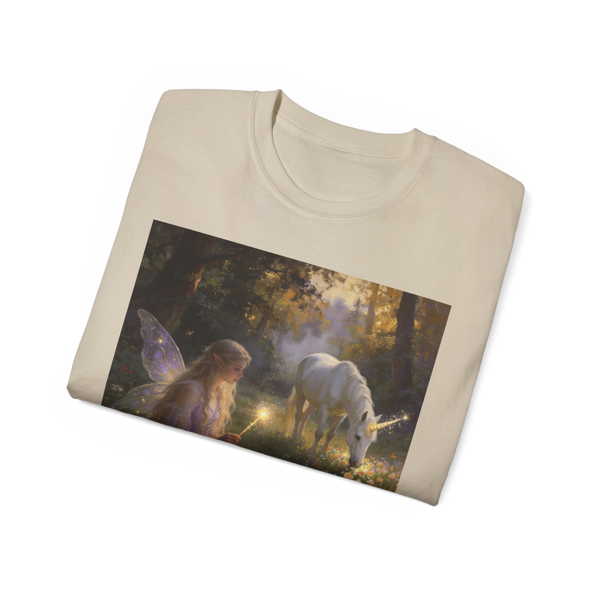 Fairy and Unicorn Cotton Forest Tee — Enchanted Fantasy Graphic T‑Shirt