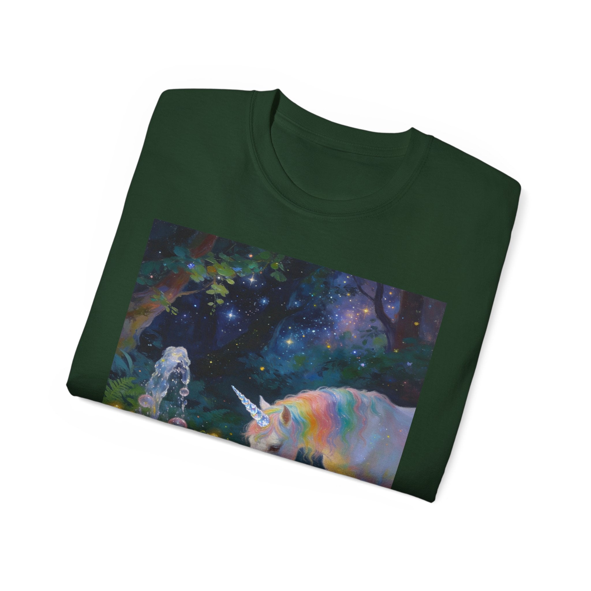 Unicorn Night Garden Tee — Rainbow Unicorn at Moonlit Fountain T-Shirt