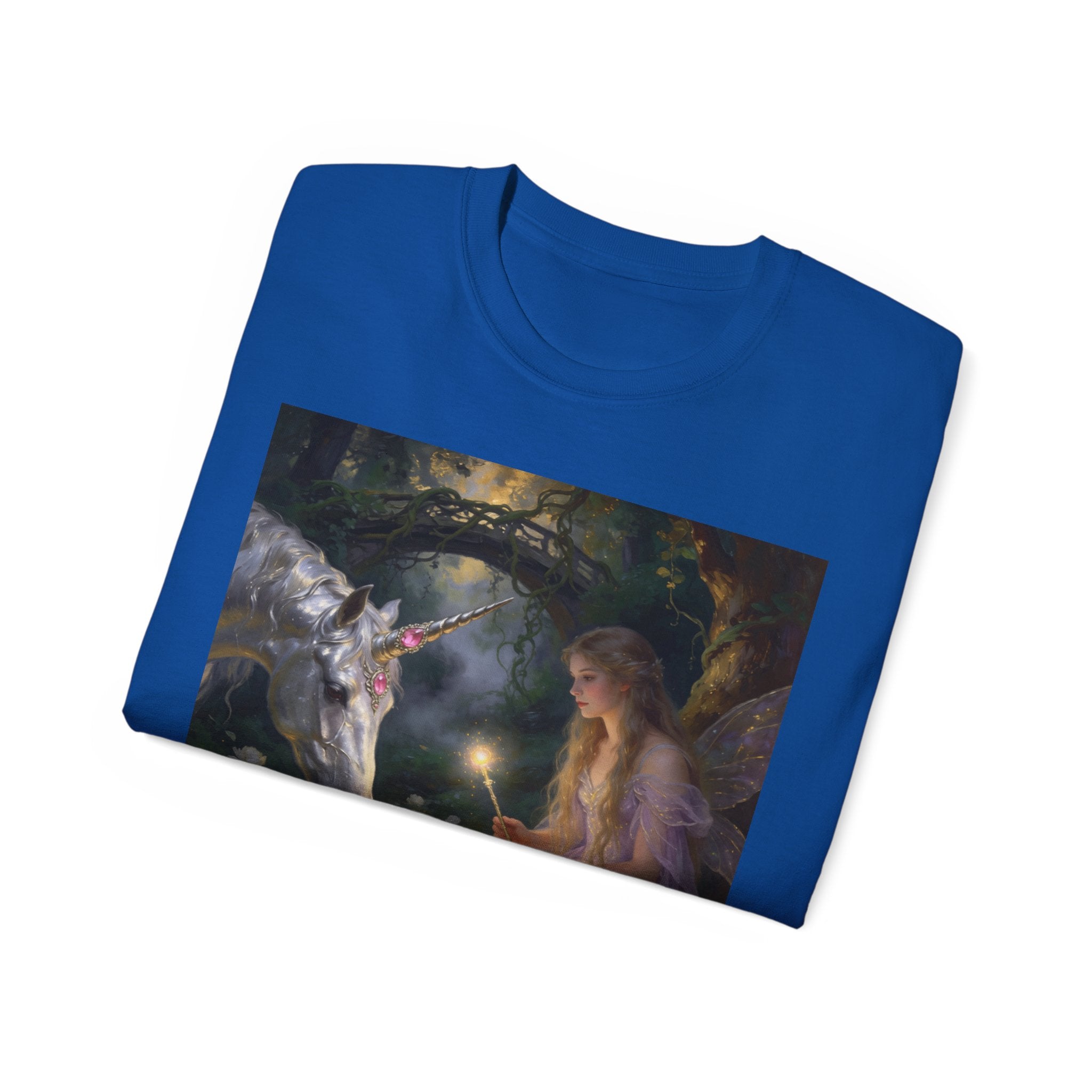 Unicorn Night Fairy Cotton T‑Shirt — Enchanted Girl & Unicorn Art Tee