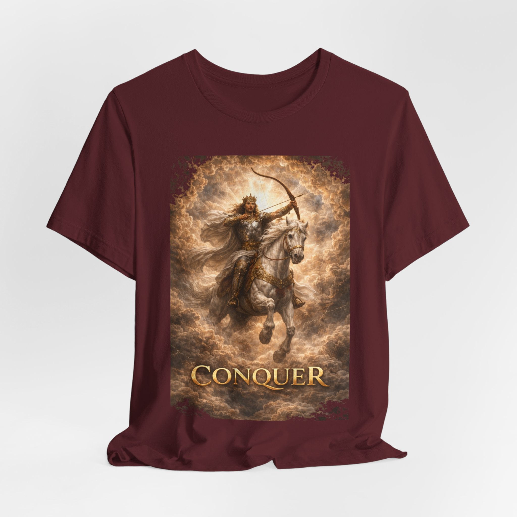 The white horse from Revelation 6:1-2! T‑Shirt — "Conquer" Warrior Archer Graphic Tee
