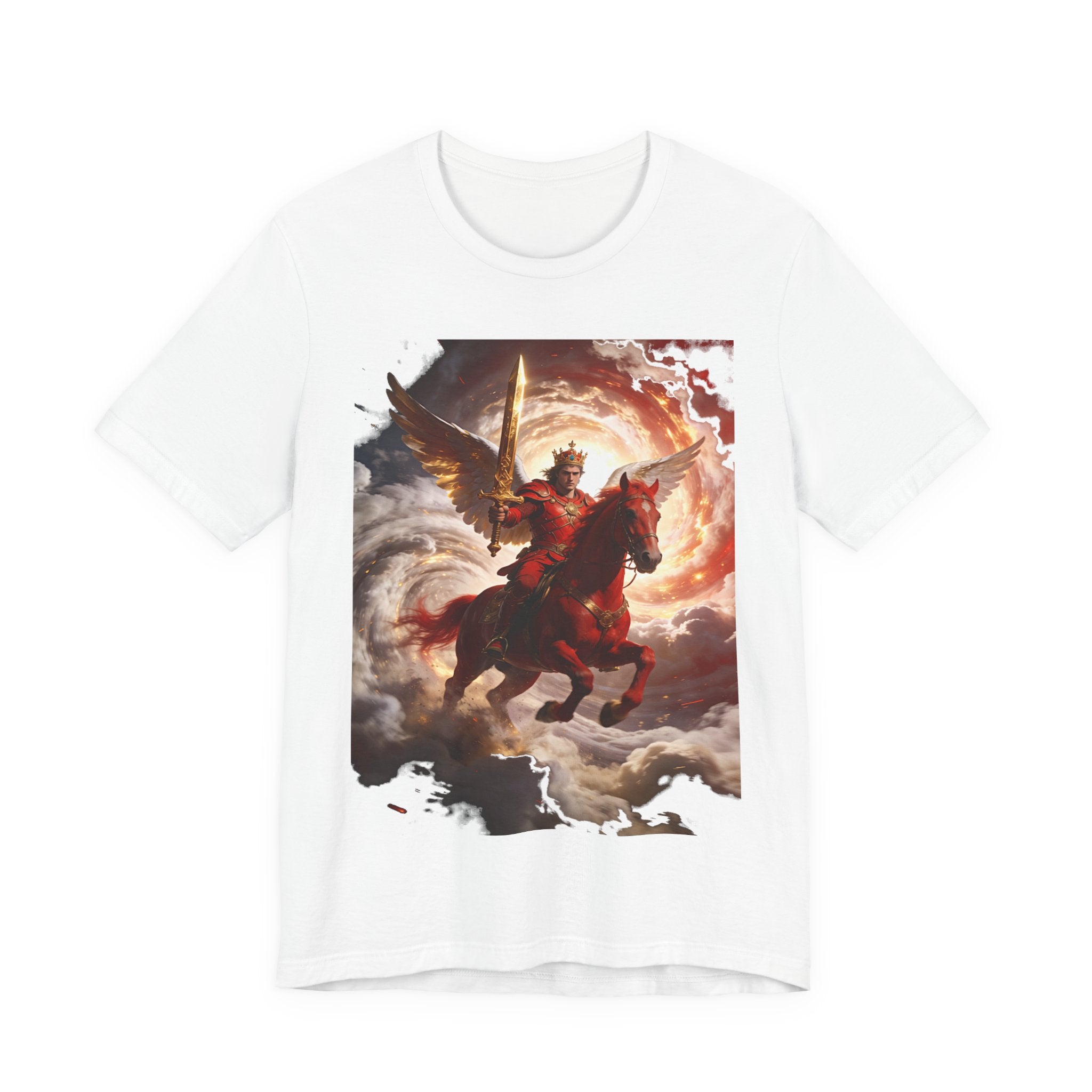 The red horse from Revelation 6:3-4-Winged Knight Riding Red Horse Graphic Tee — Warrior T-Shirt