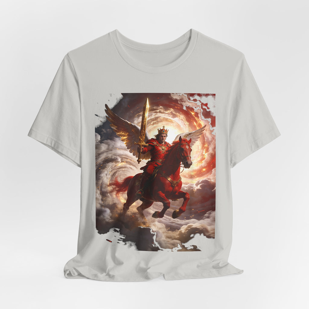 The red horse from Revelation 6:3-4-Winged Knight Riding Red Horse Graphic Tee — Warrior T-Shirt