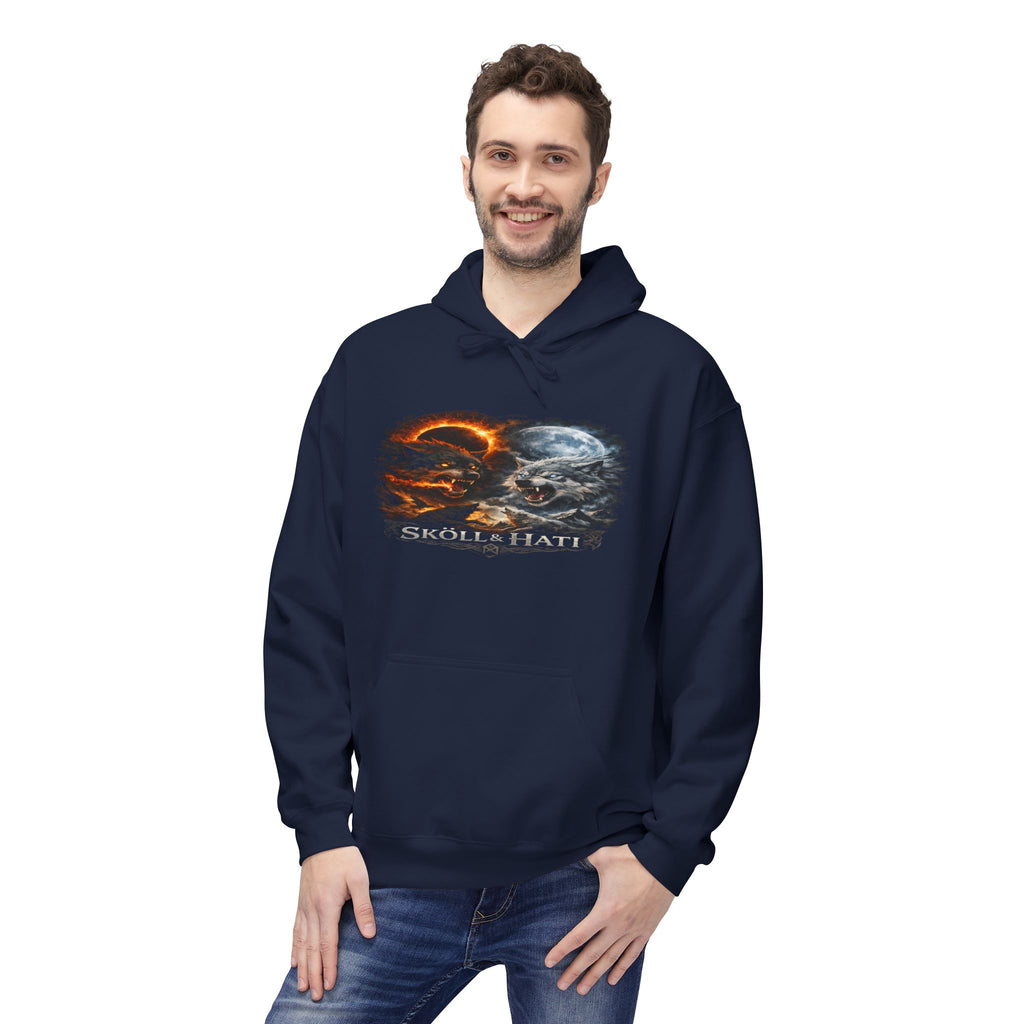 Skoll & Hati Norse Mythology Hoodie — Fire and Ice Wolves Graphic