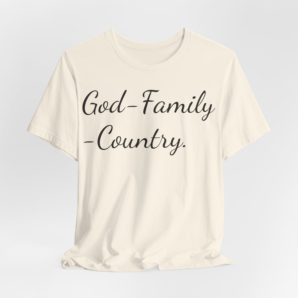 God · Family · Country Script Tee — Patriotic Christian Short Sleeve Shirt