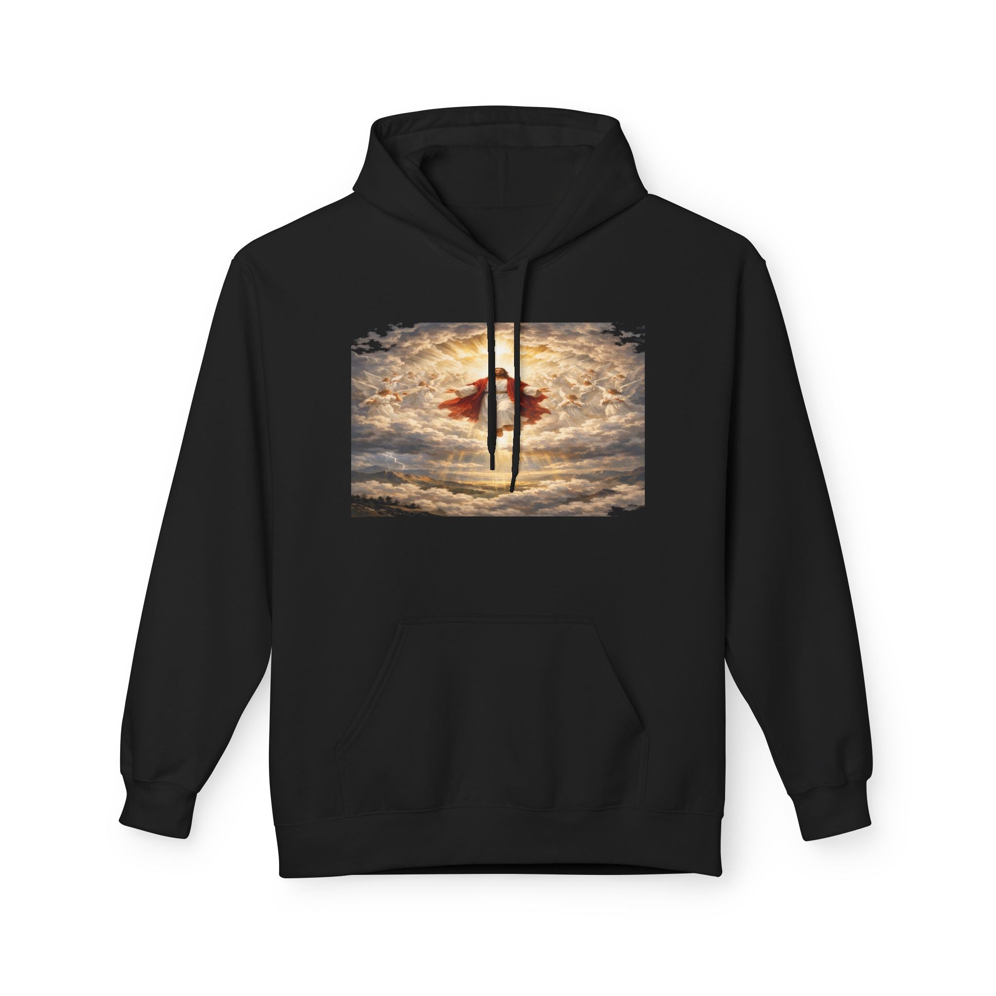 Jesus Christ Second Coming-Angel in the Clouds Hoodie — Spiritual Sunrise Graphic Hoodie