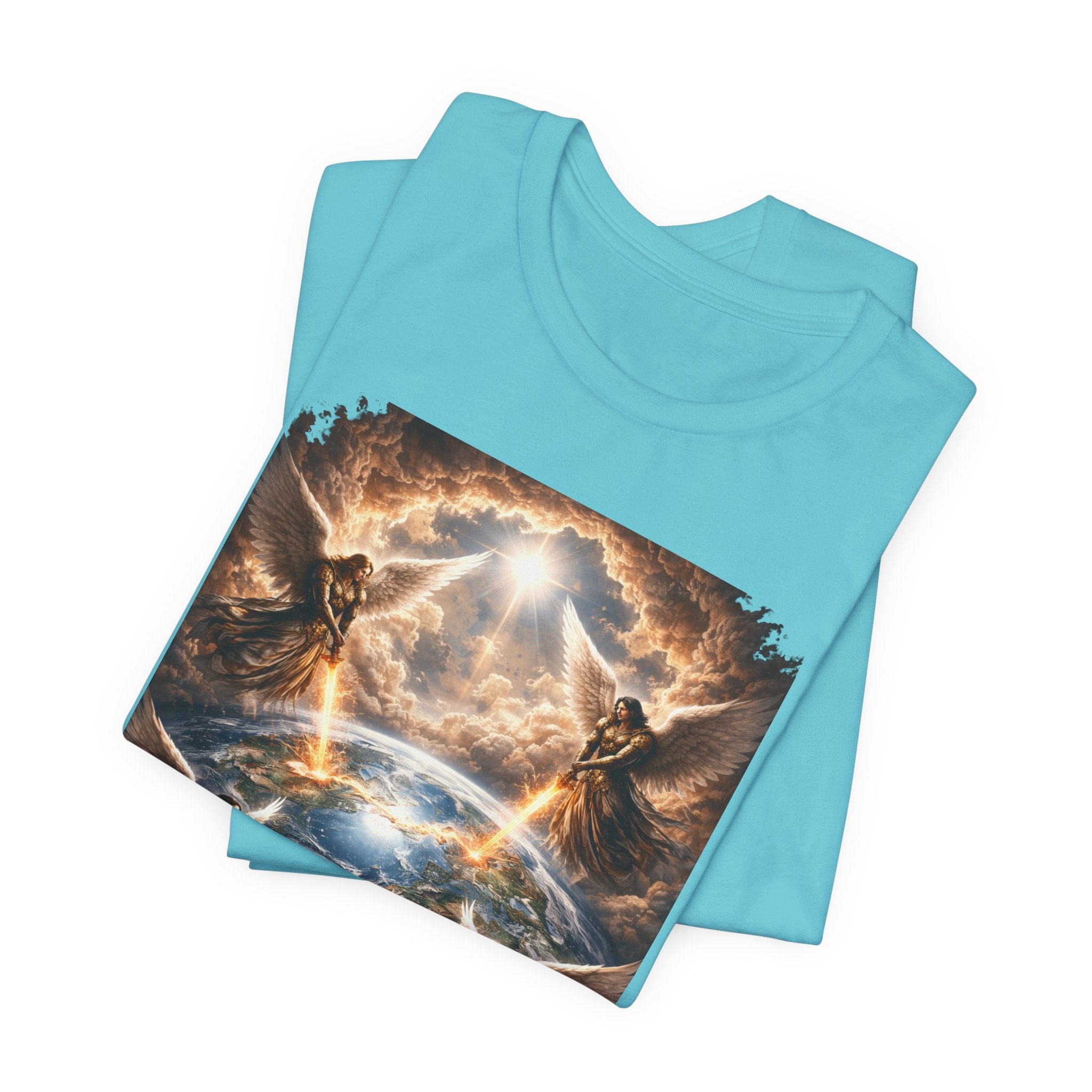 Revelation 7:1 Four angels standing on the four corners of the earth as seen from heaven-when the secound comingis near T‑Shirt — Heavenly Earth & Angels Graphic Tee