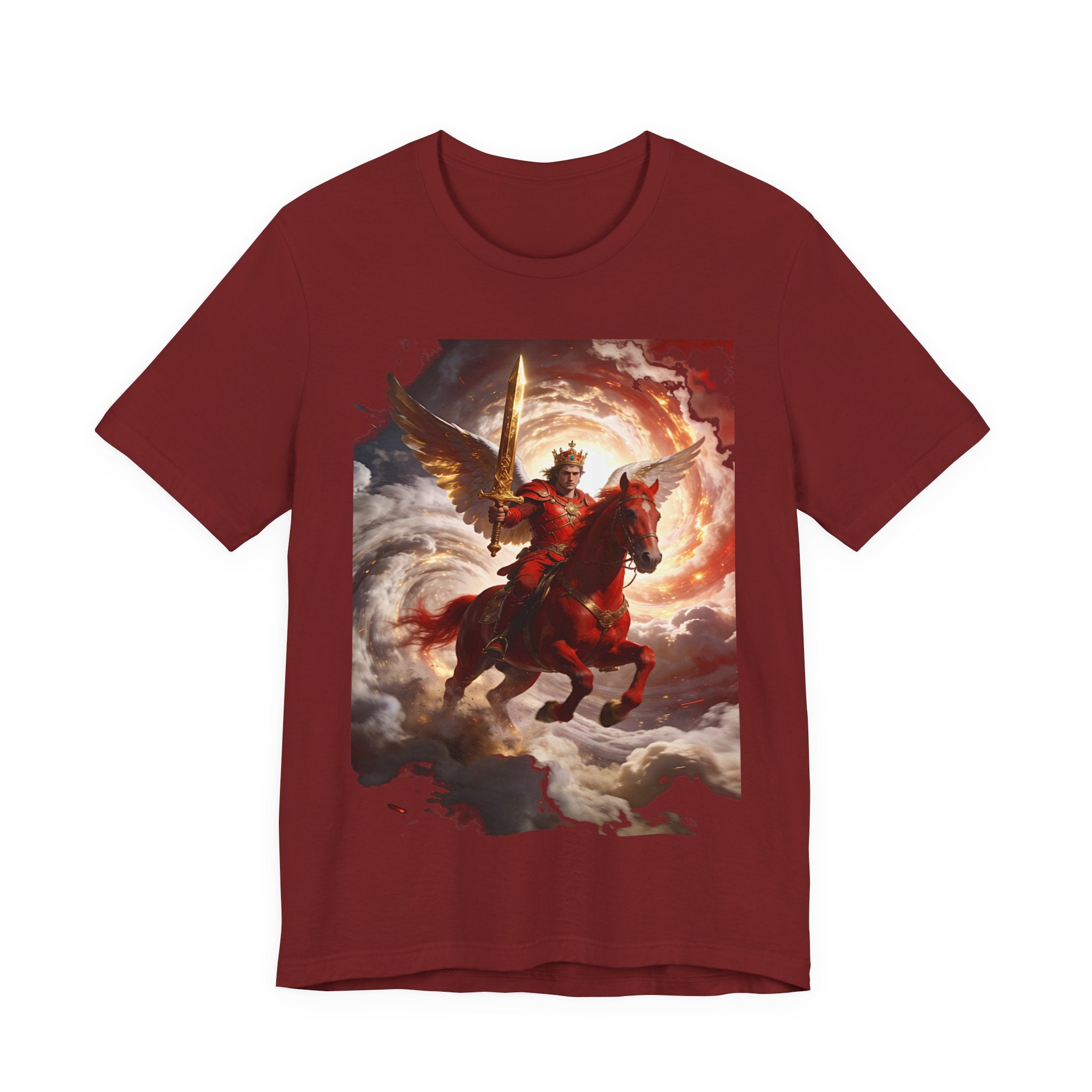 The red horse from Revelation 6:3-4-Winged Knight Riding Red Horse Graphic Tee — Warrior T-Shirt