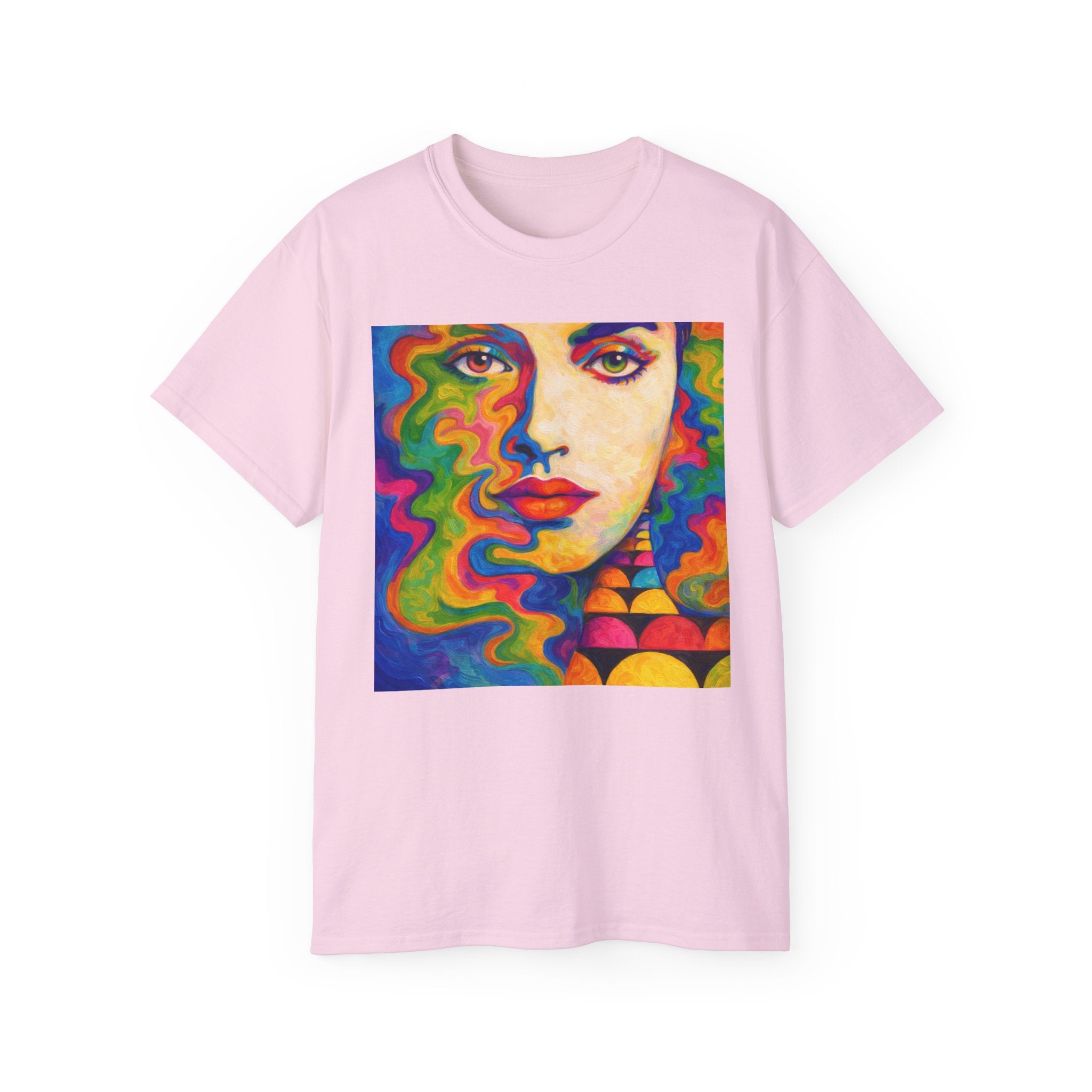 Psychedelic Portrait Cotton T‑Shirt — Colorful Retro Face Art Tee