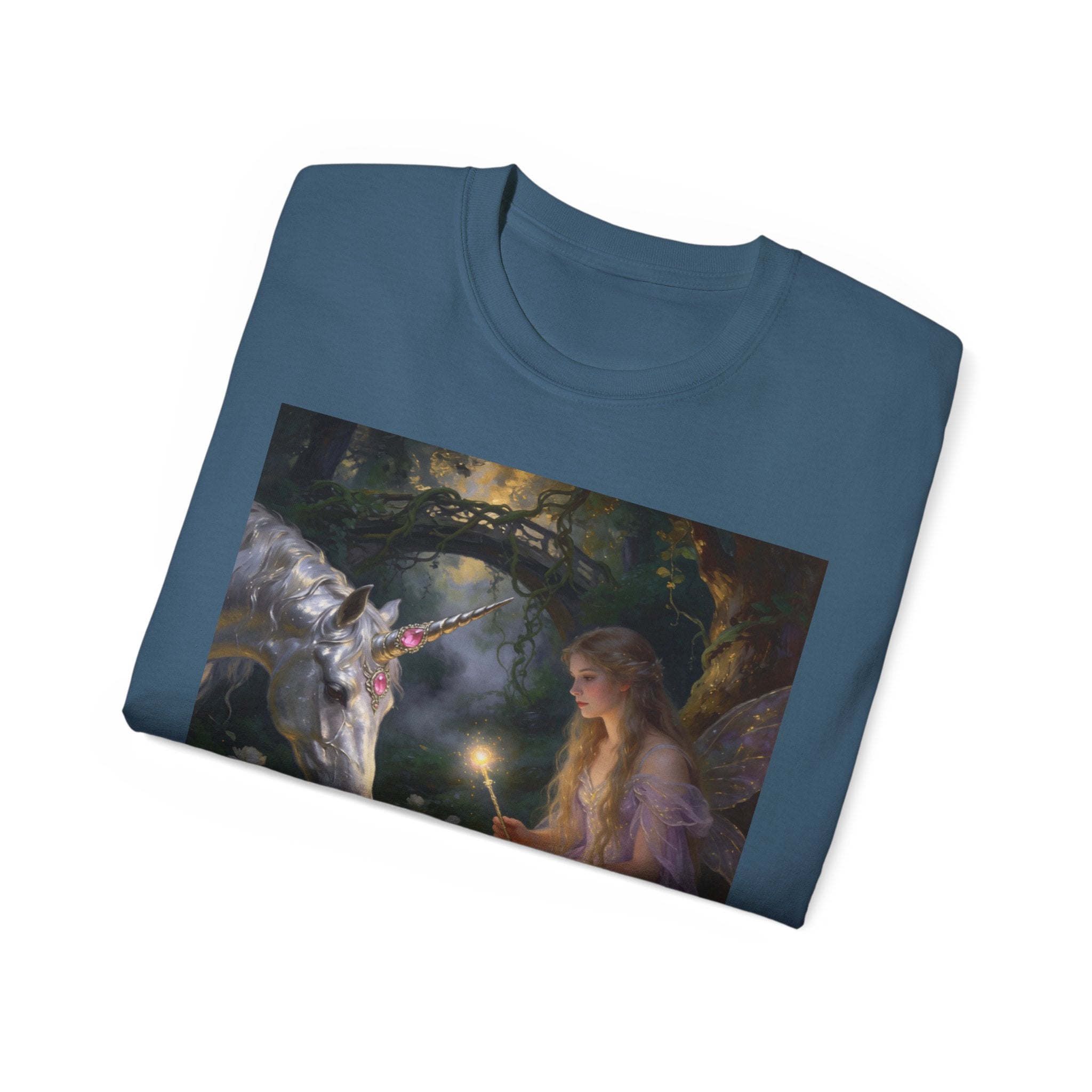 Unicorn Night Fairy Cotton T‑Shirt — Enchanted Girl & Unicorn Art Tee