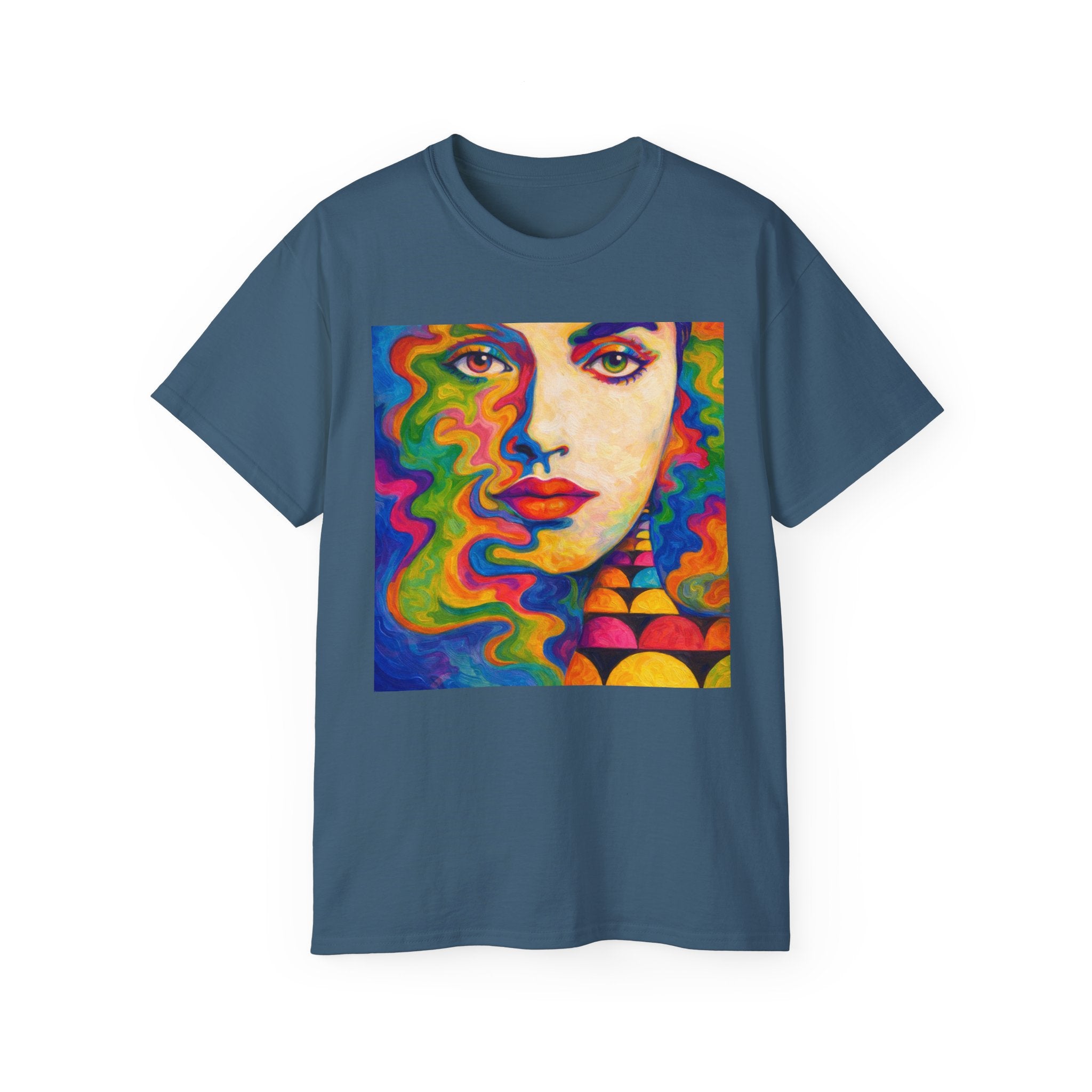 Psychedelic Portrait Cotton T‑Shirt — Colorful Retro Face Art Tee
