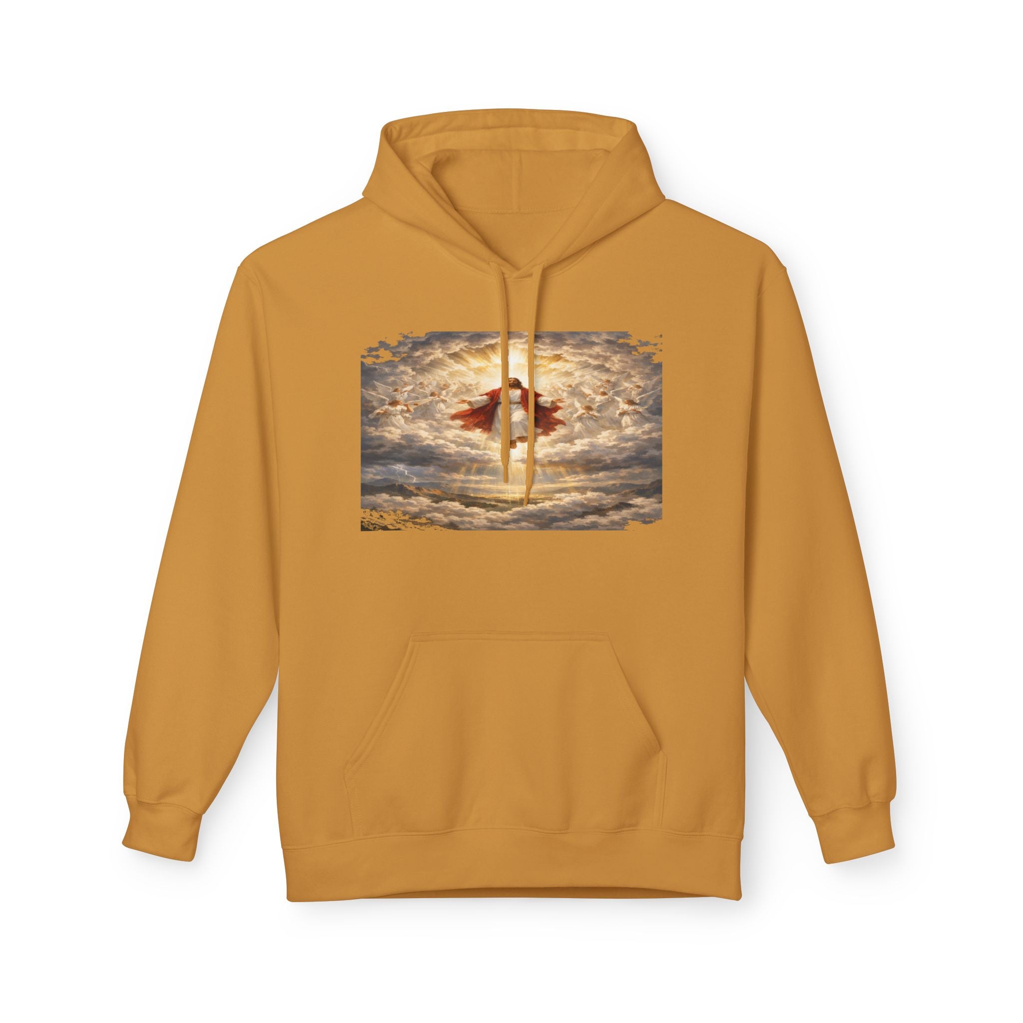 Jesus Christ Second Coming-Angel in the Clouds Hoodie — Spiritual Sunrise Graphic Hoodie