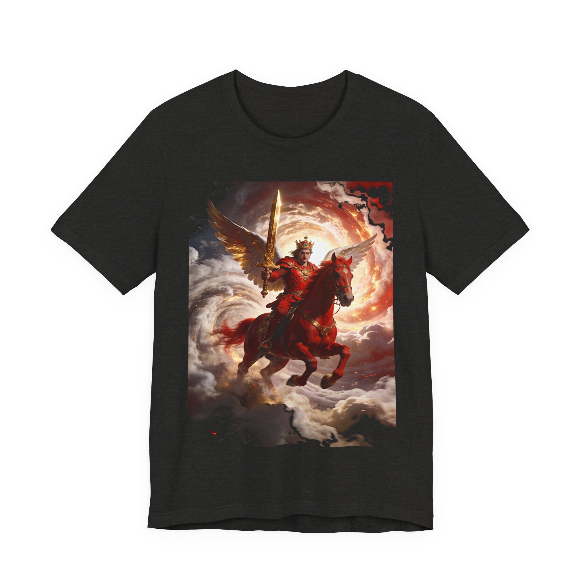 The red horse from Revelation 6:3-4-Winged Knight Riding Red Horse Graphic Tee — Warrior T-Shirt
