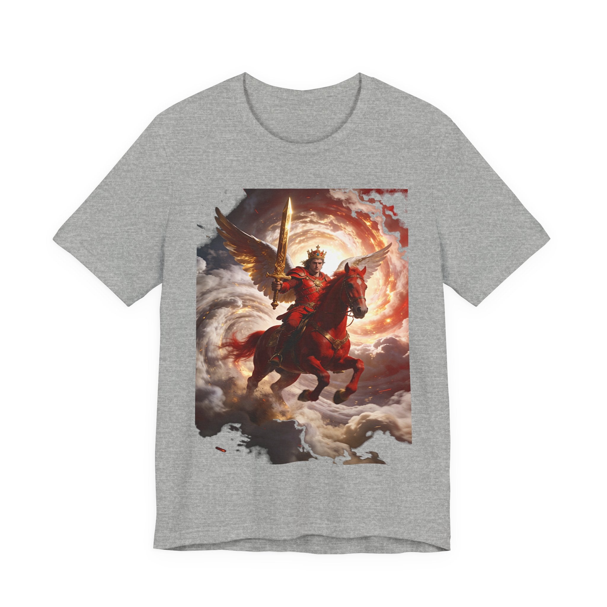 The red horse from Revelation 6:3-4-Winged Knight Riding Red Horse Graphic Tee — Warrior T-Shirt