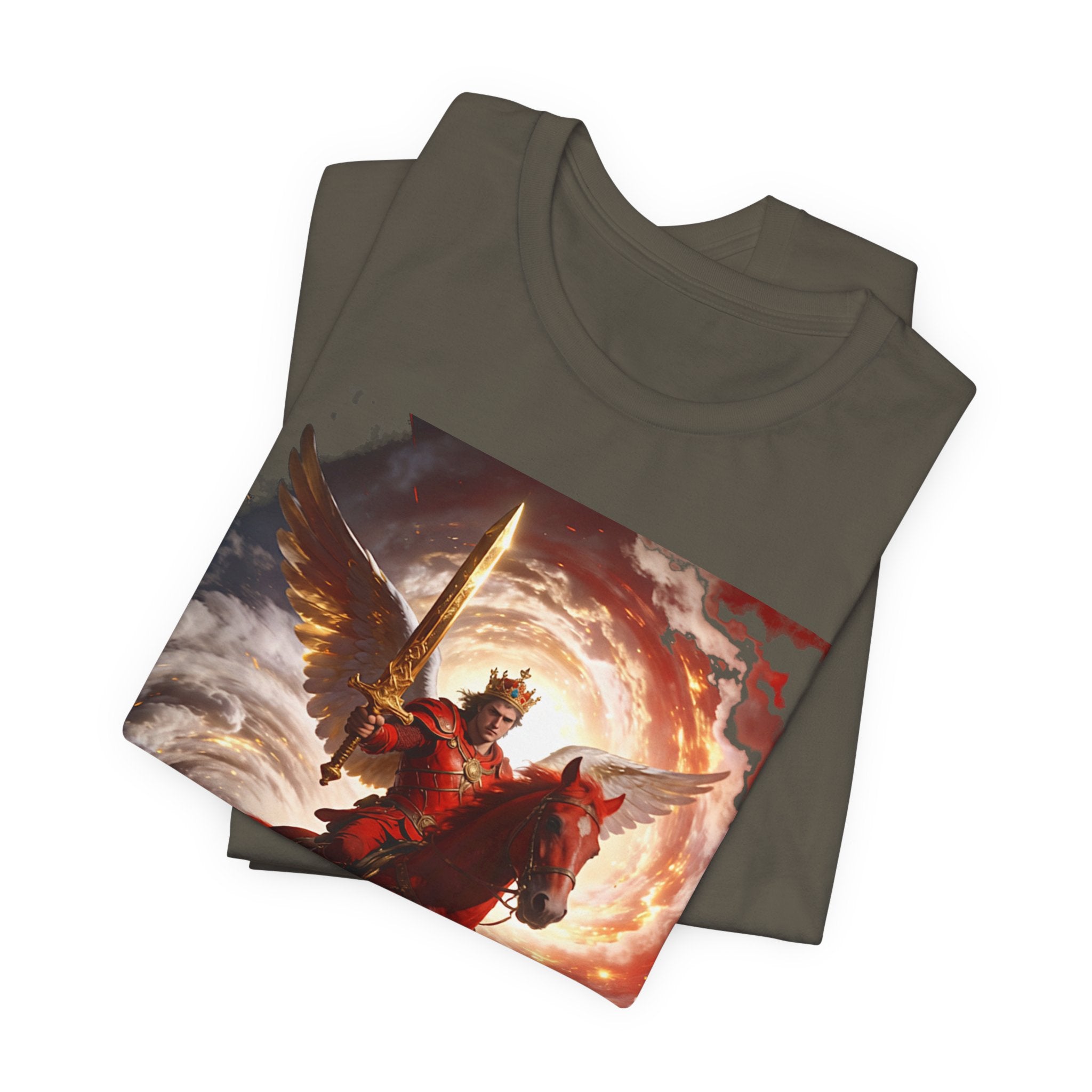 The red horse from Revelation 6:3-4-Winged Knight Riding Red Horse Graphic Tee — Warrior T-Shirt
