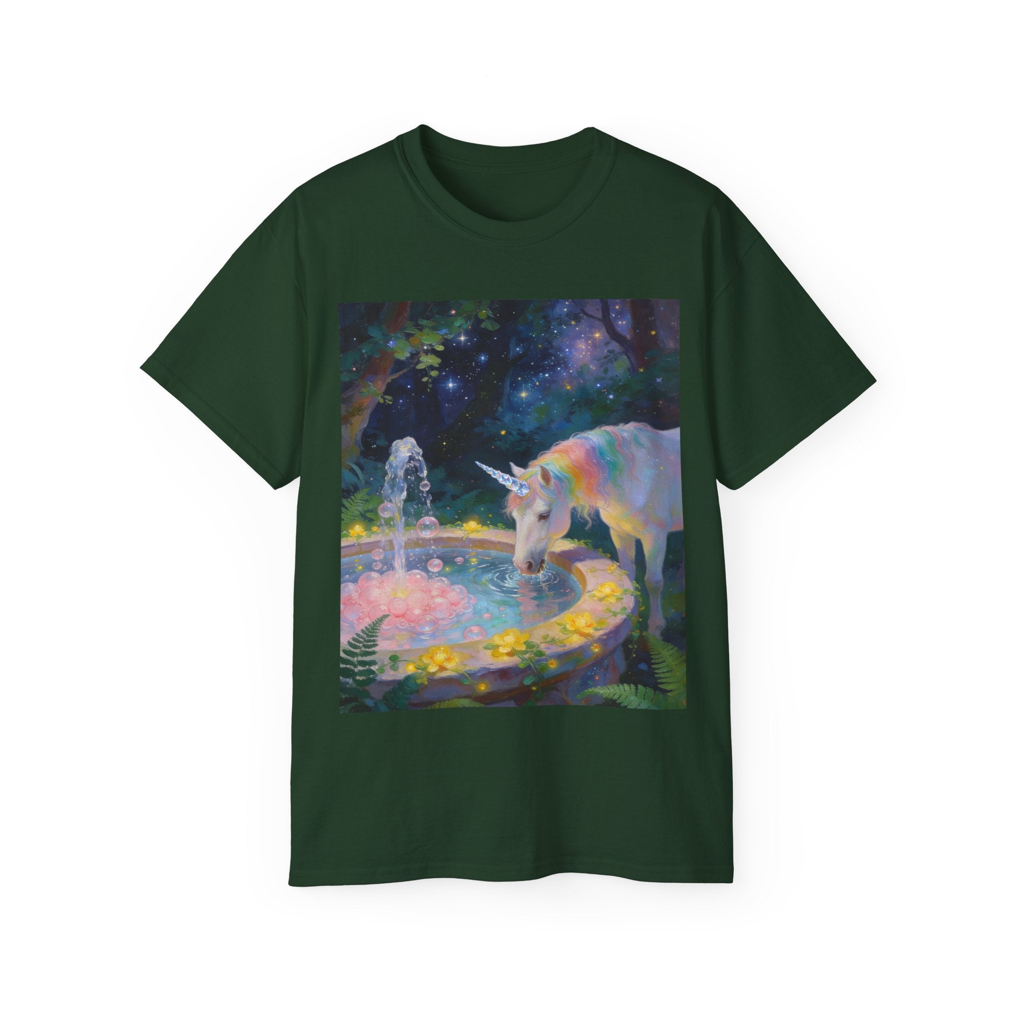 Unicorn Night Garden Tee — Rainbow Unicorn at Moonlit Fountain T-Shirt