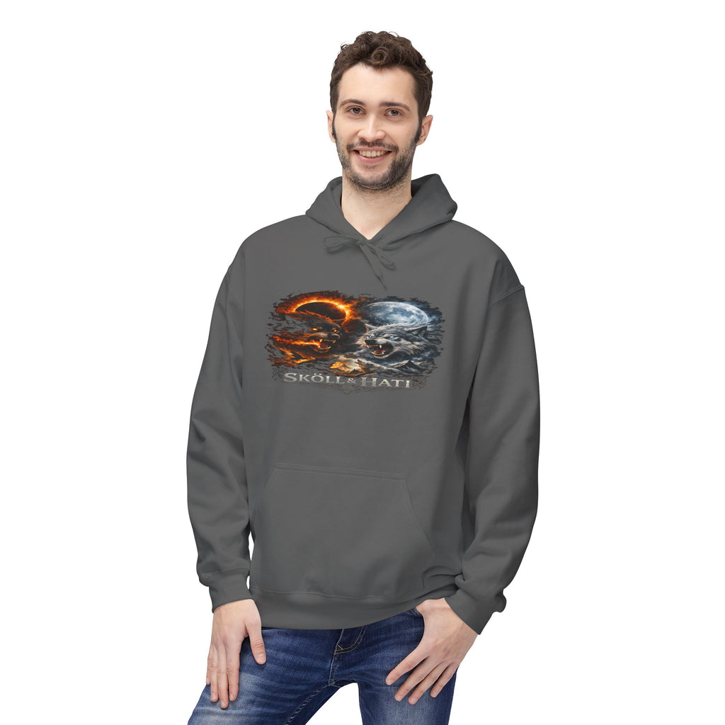 Skoll & Hati Norse Mythology Hoodie — Fire and Ice Wolves Graphic