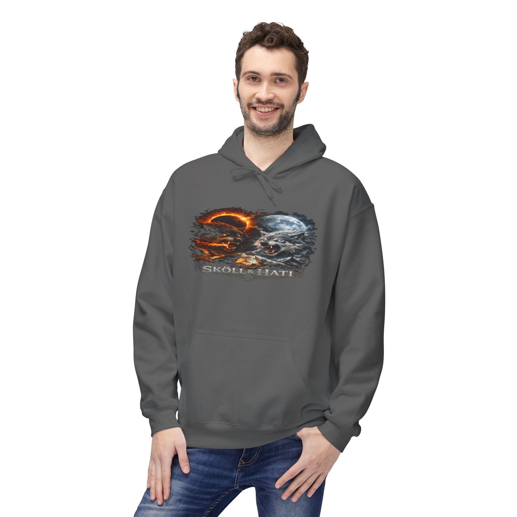 Skoll & Hati Norse Mythology Hoodie — Fire and Ice Wolves Graphic