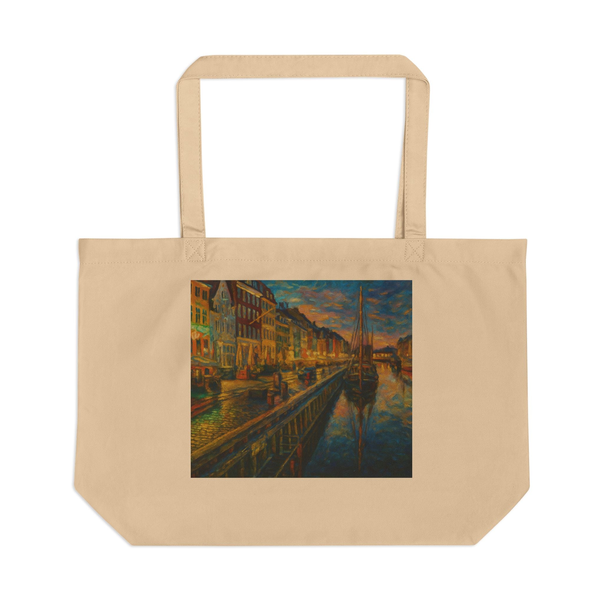 City Canal Sunset Tote Bag — Eco-Friendly Large Canvas Tote with European Harbor Art