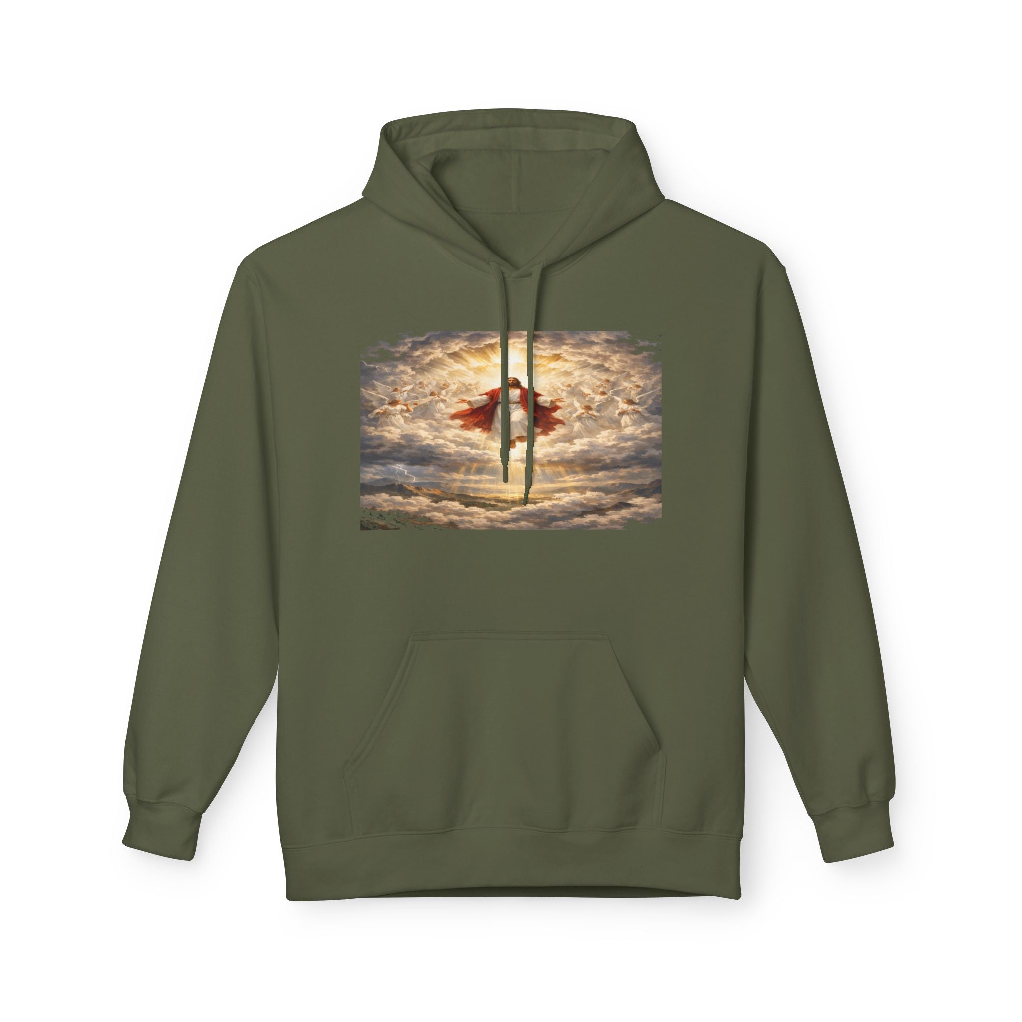 Jesus Christ Second Coming-Angel in the Clouds Hoodie — Spiritual Sunrise Graphic Hoodie