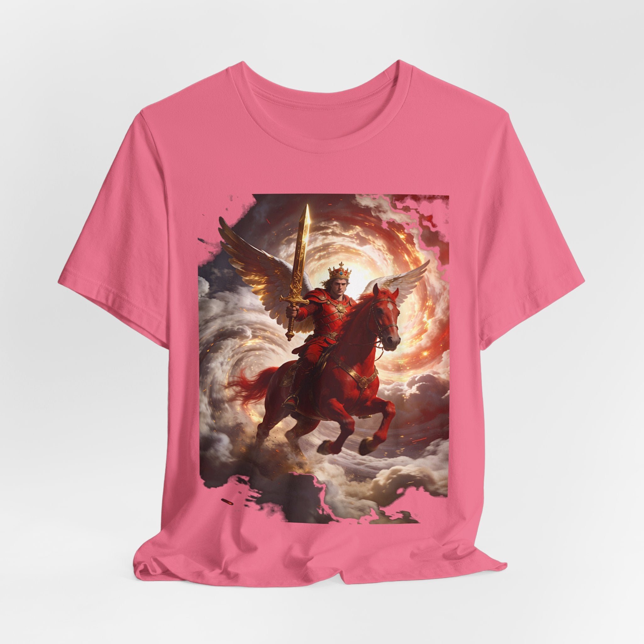 The red horse from Revelation 6:3-4-Winged Knight Riding Red Horse Graphic Tee — Warrior T-Shirt