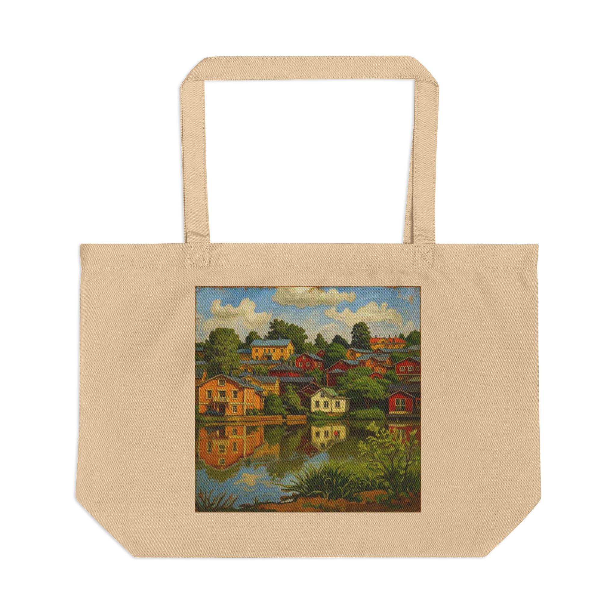 Village Lakescape Eco Tote bag — Scenic Landscape Art Canvas Shopper