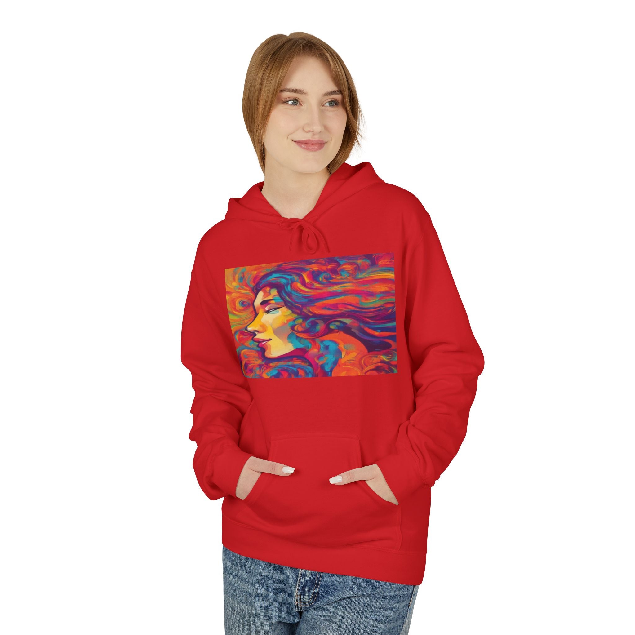 Colorful 1970s Psychedelic Woman Portrait Hoodie — Vibrant Retro Art Pullover
