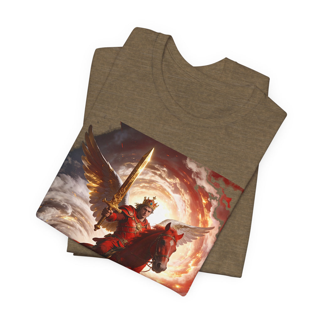 The red horse from Revelation 6:3-4-Winged Knight Riding Red Horse Graphic Tee — Warrior T-Shirt