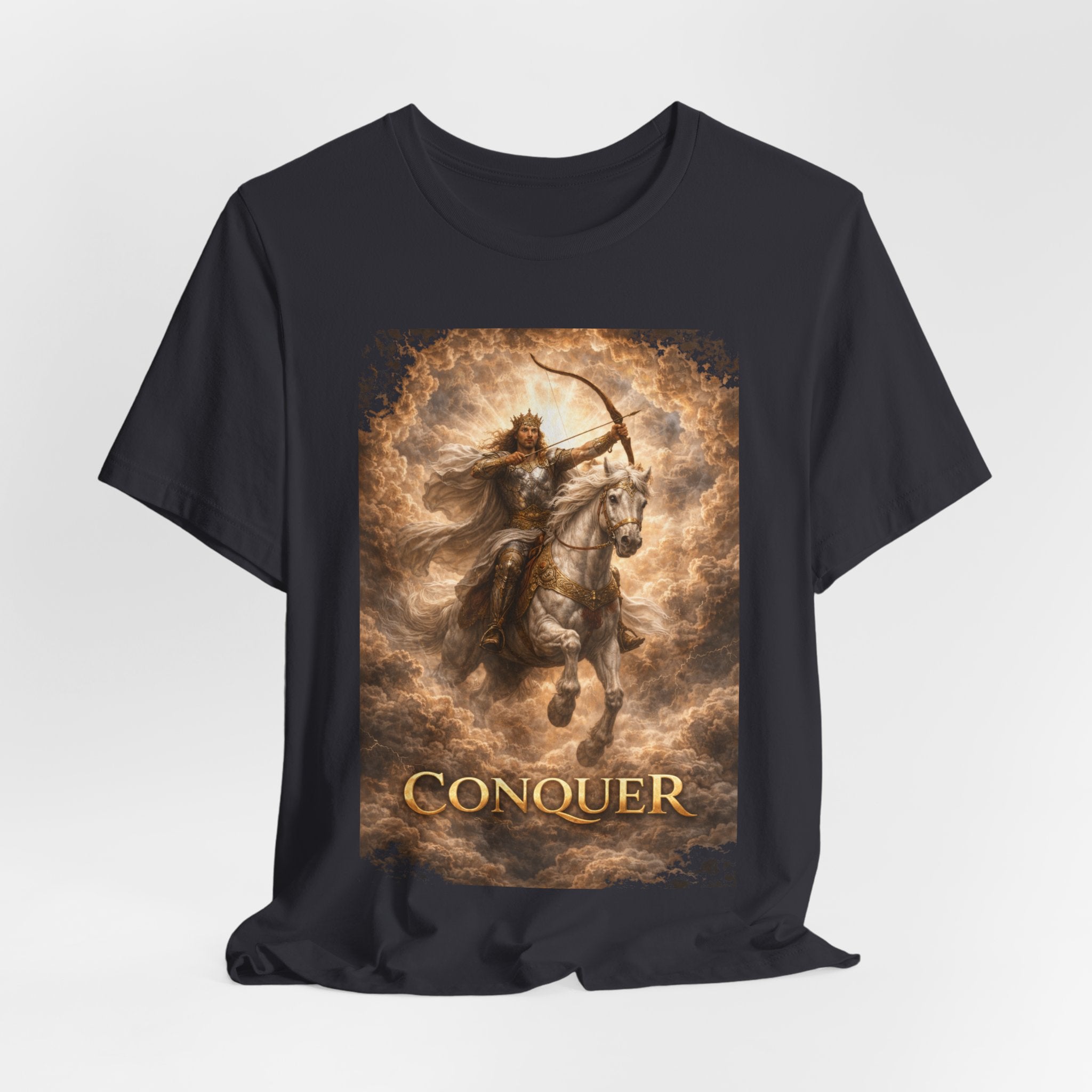 The white horse from Revelation 6:1-2! T‑Shirt — "Conquer" Warrior Archer Graphic Tee