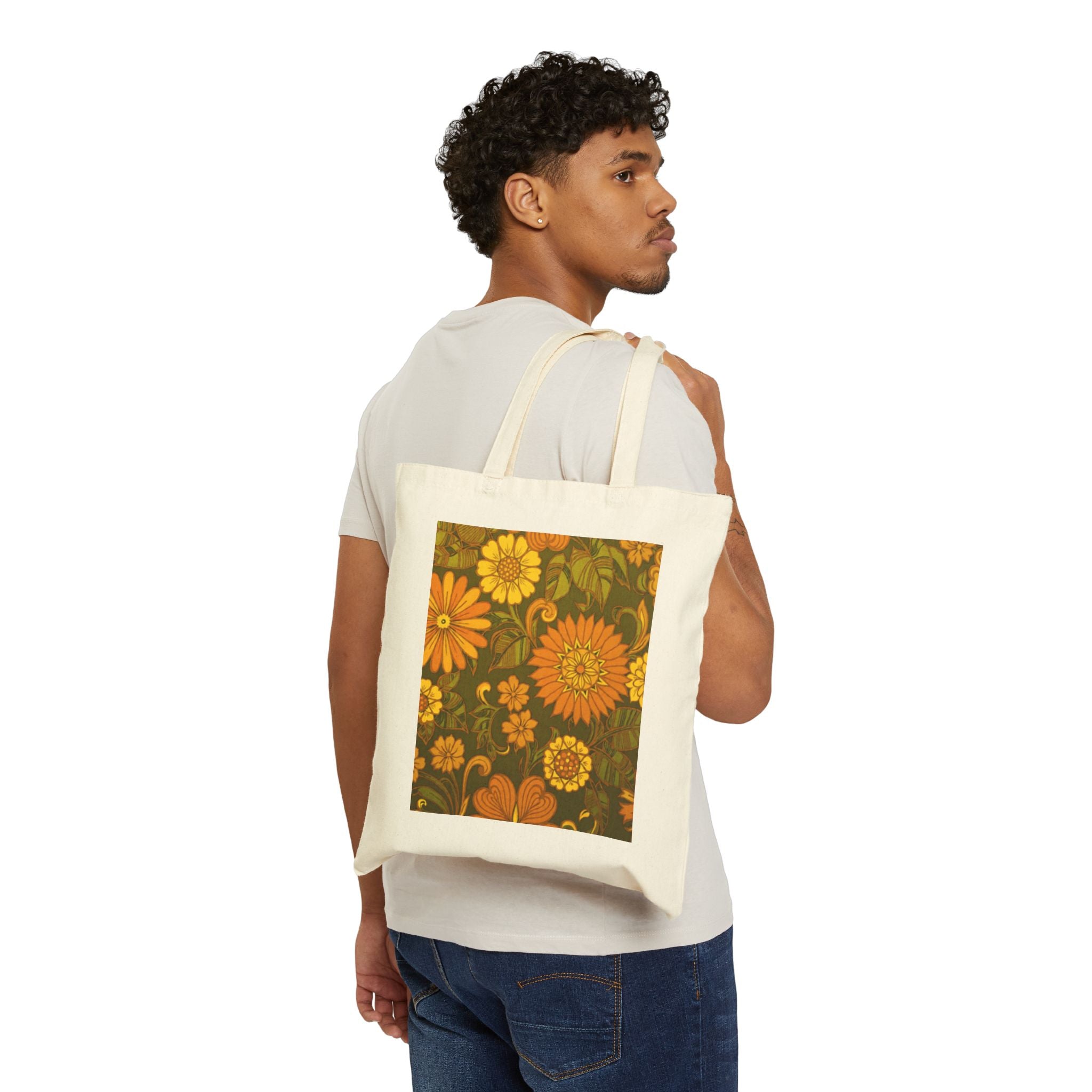 Vintage Orange Floral Tote Bag — Retro 70s Flower Canvas Tote