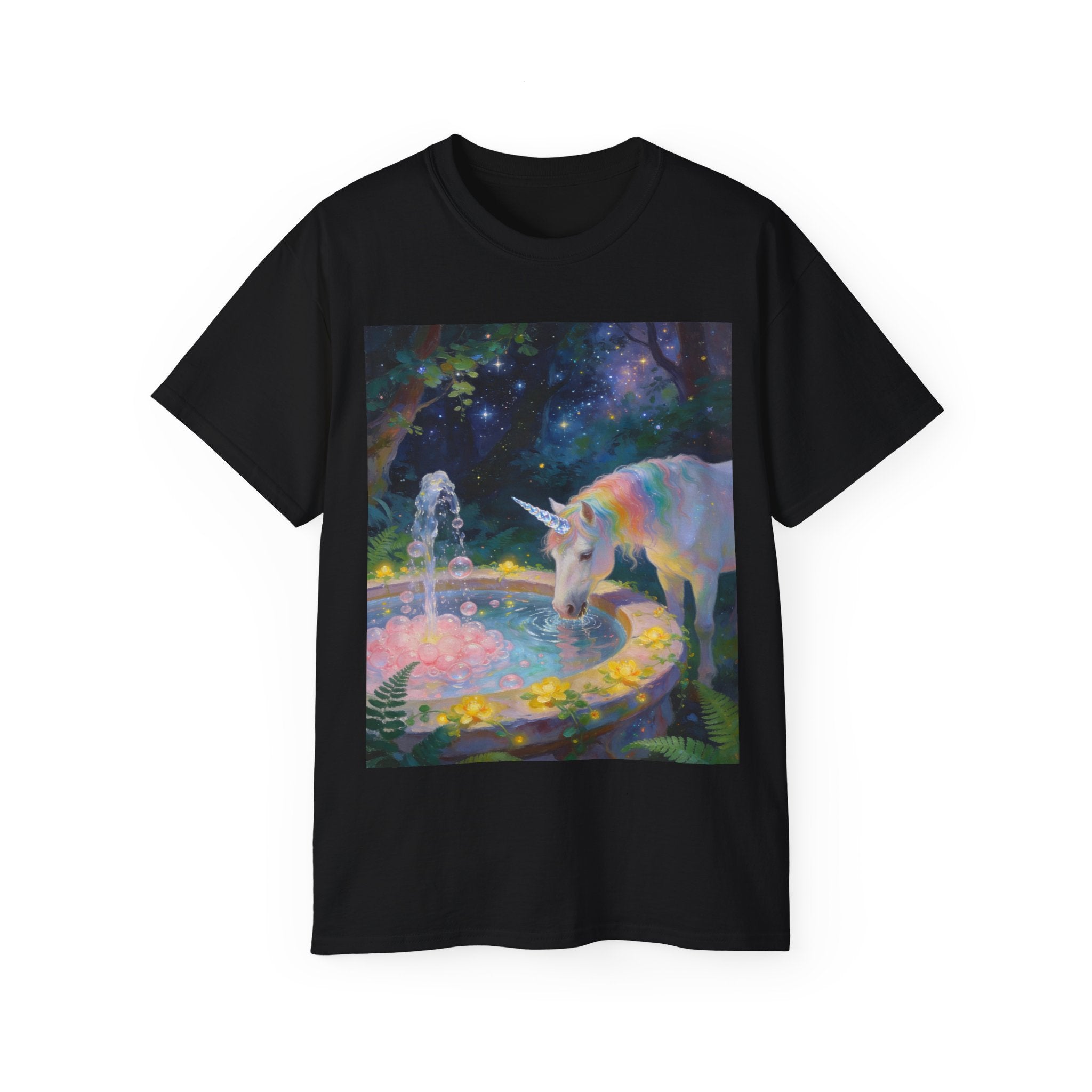 Unicorn Night Garden Tee — Rainbow Unicorn at Moonlit Fountain T-Shirt