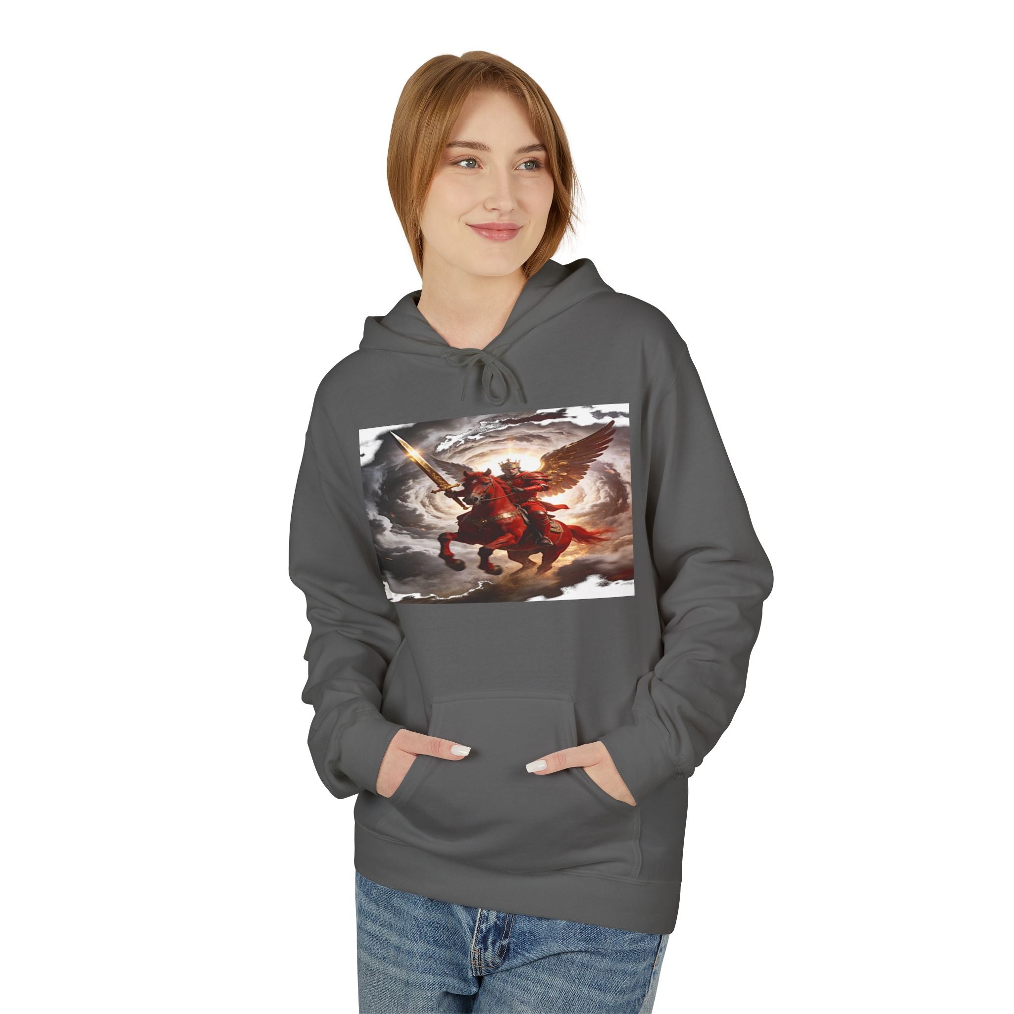 The red horse from Revelation 6:3-4 Angel Warrior Hoodie — Dramatic Archangel Battle Graphic Pullover