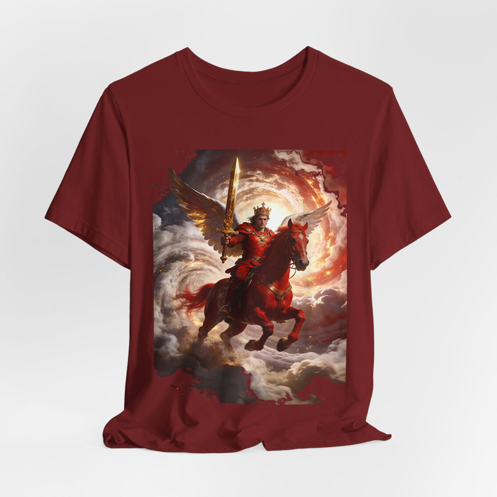 The red horse from Revelation 6:3-4-Winged Knight Riding Red Horse Graphic Tee — Warrior T-Shirt