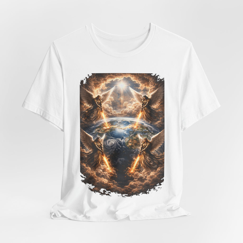 Revelation 7:1 Four angels standing on the four corners of the earth as seen from heaven-when the secound comingis near T‑Shirt — Heavenly Earth & Angels Graphic Tee