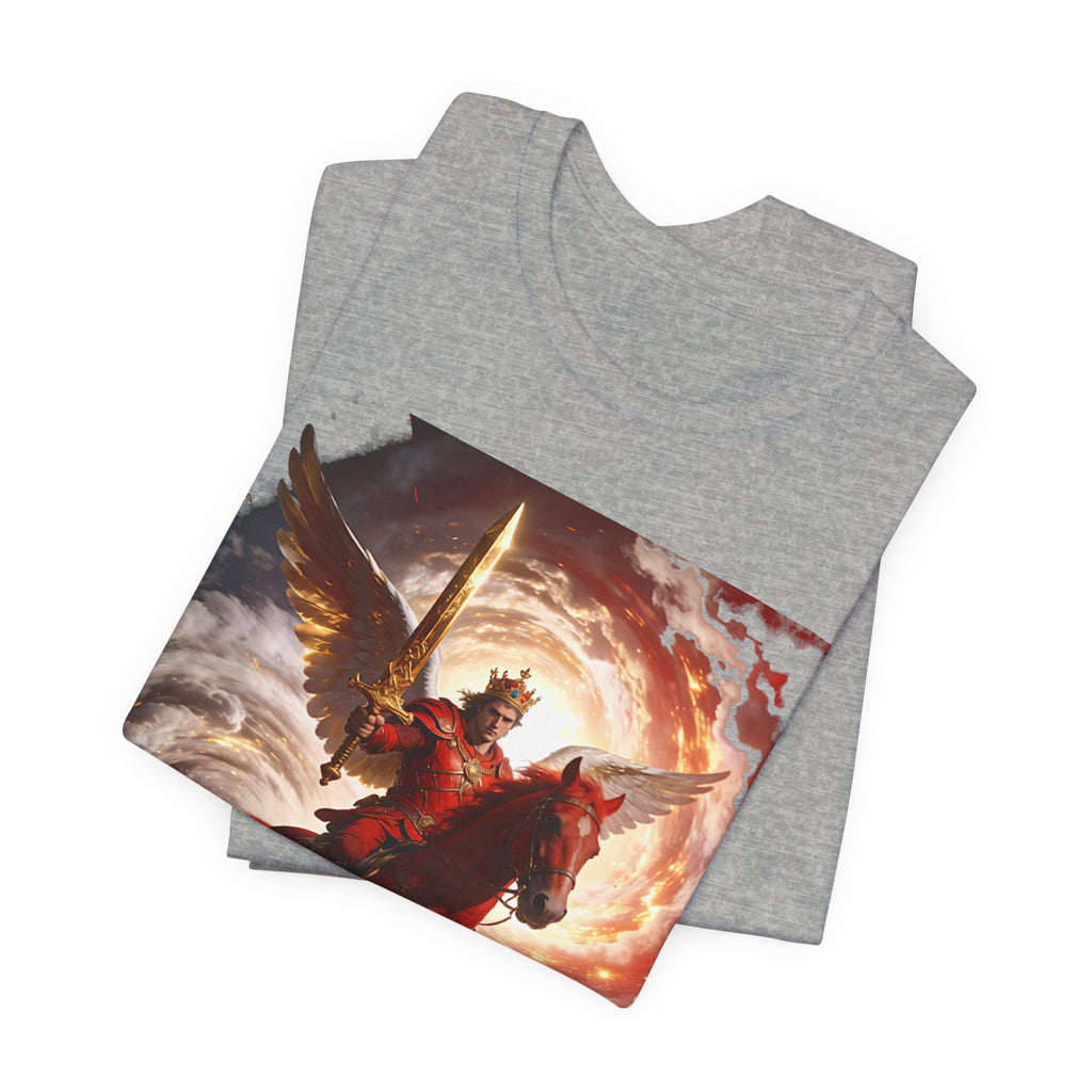 The red horse from Revelation 6:3-4-Winged Knight Riding Red Horse Graphic Tee — Warrior T-Shirt