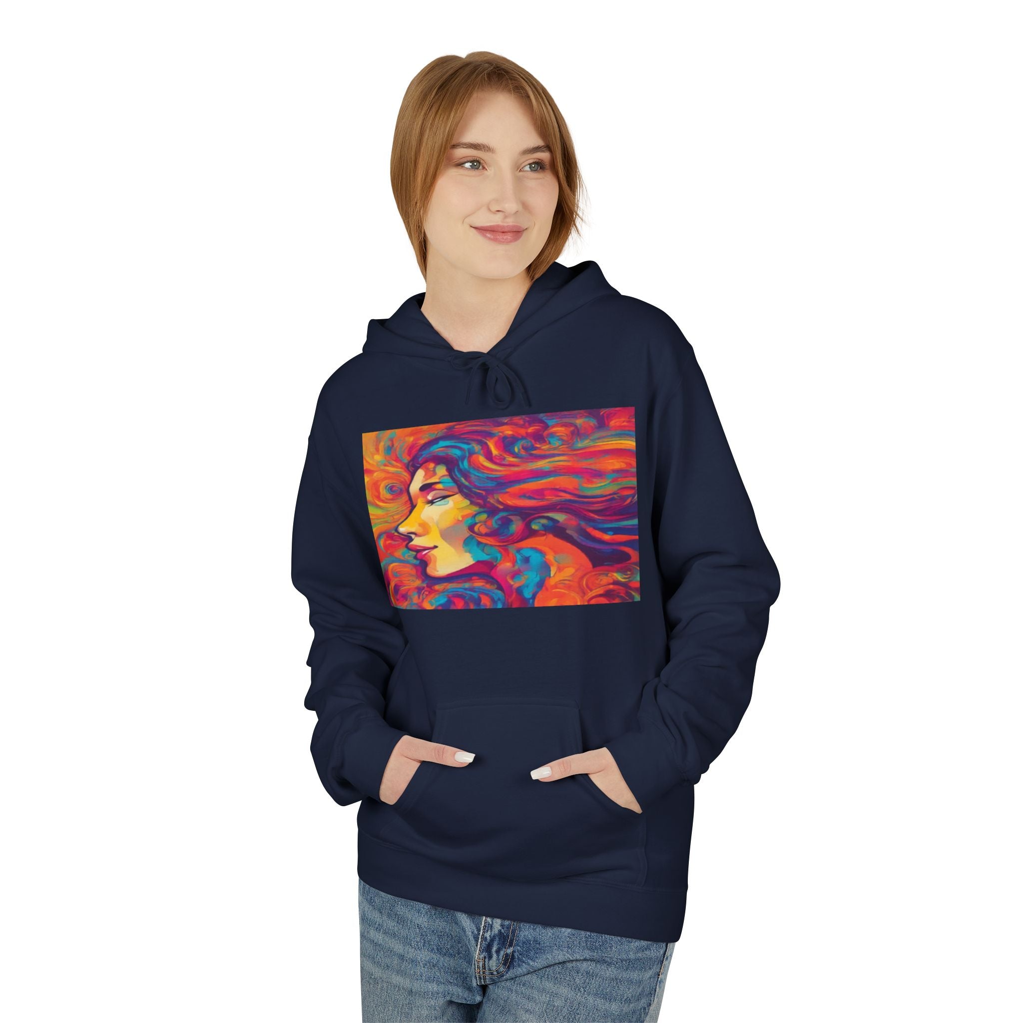 Colorful 1970s Psychedelic Woman Portrait Hoodie — Vibrant Retro Art Pullover