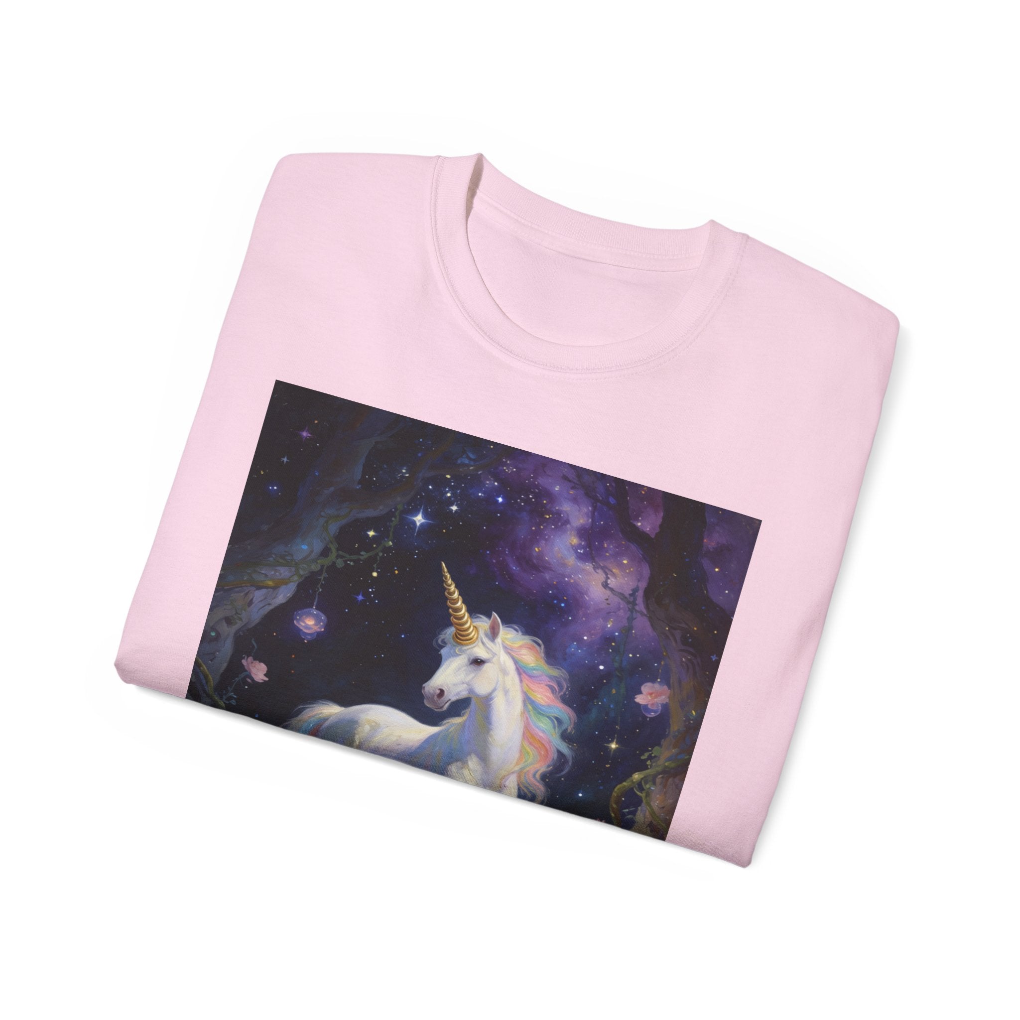 Unicorn Fantasy Cotton T‑Shirt — Enchanted Night Forest Graphic Tee