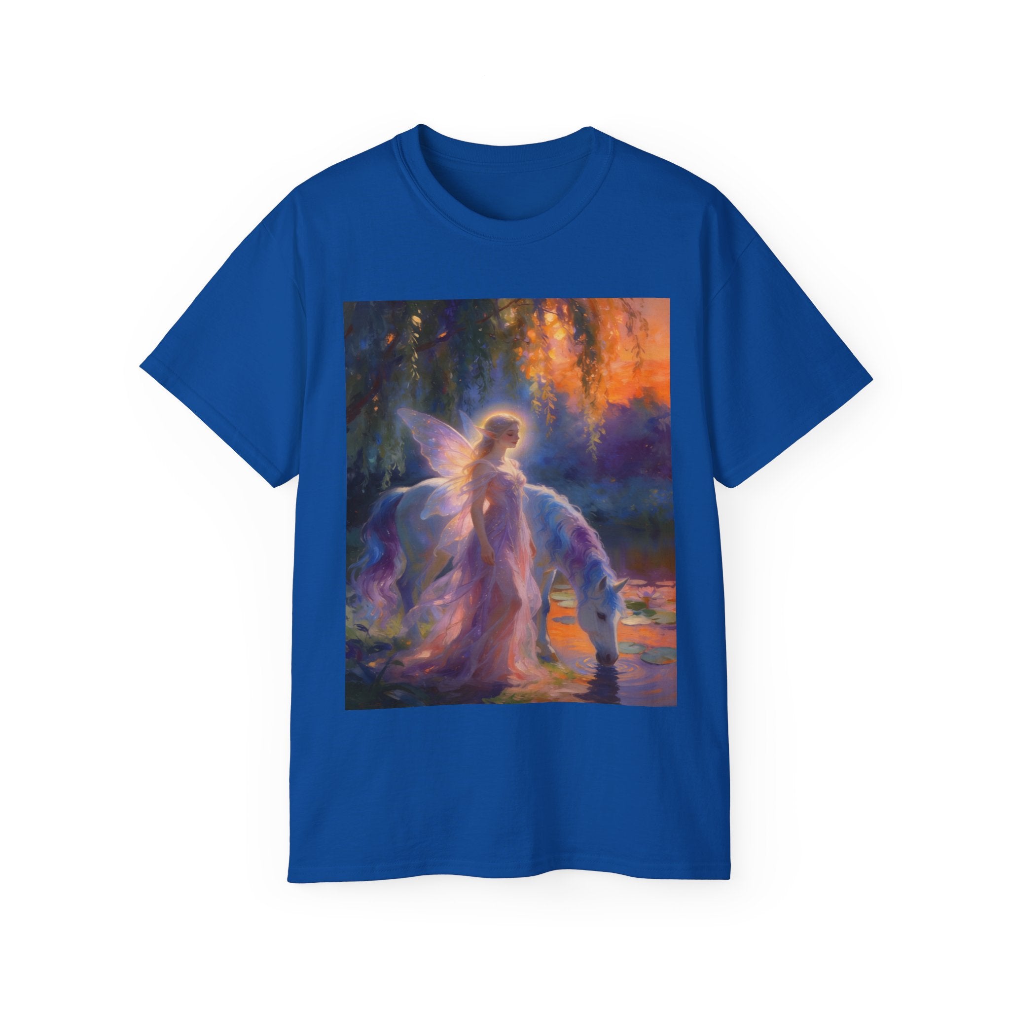 Fairy and Unicorn Fantasy Cotton T-Shirt — Ethereal Sunset Magic Tee