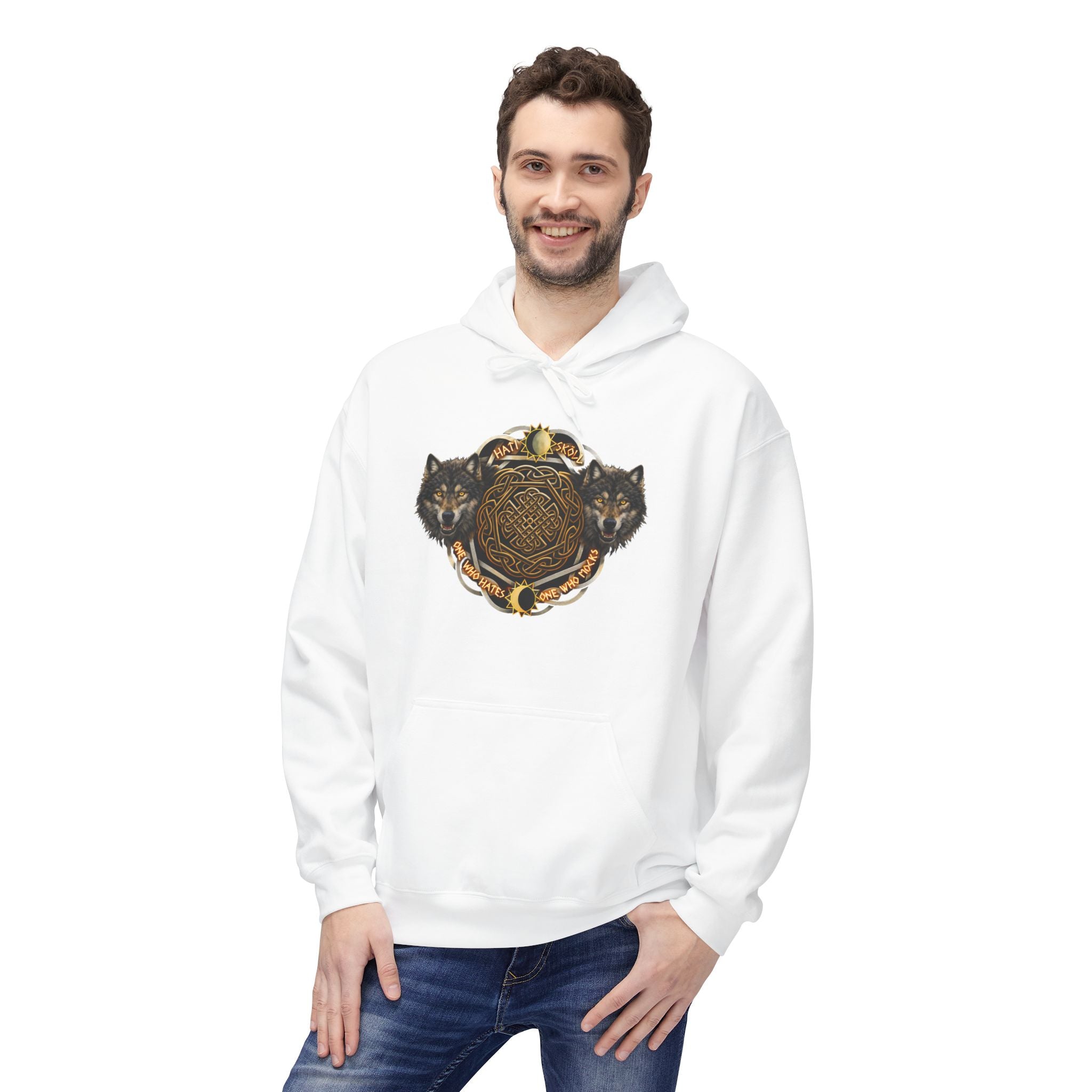 Skoll and Hati – The Wolves of the Sun and Moon-Hoodie — Rustic Wildlife Graphic Hooded Sweatshirt