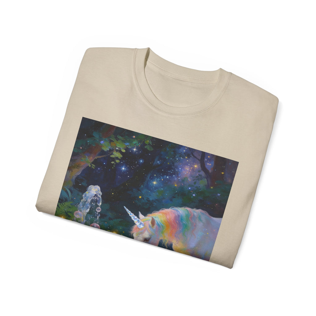Unicorn Night Garden Tee — Rainbow Unicorn at Moonlit Fountain T-Shirt
