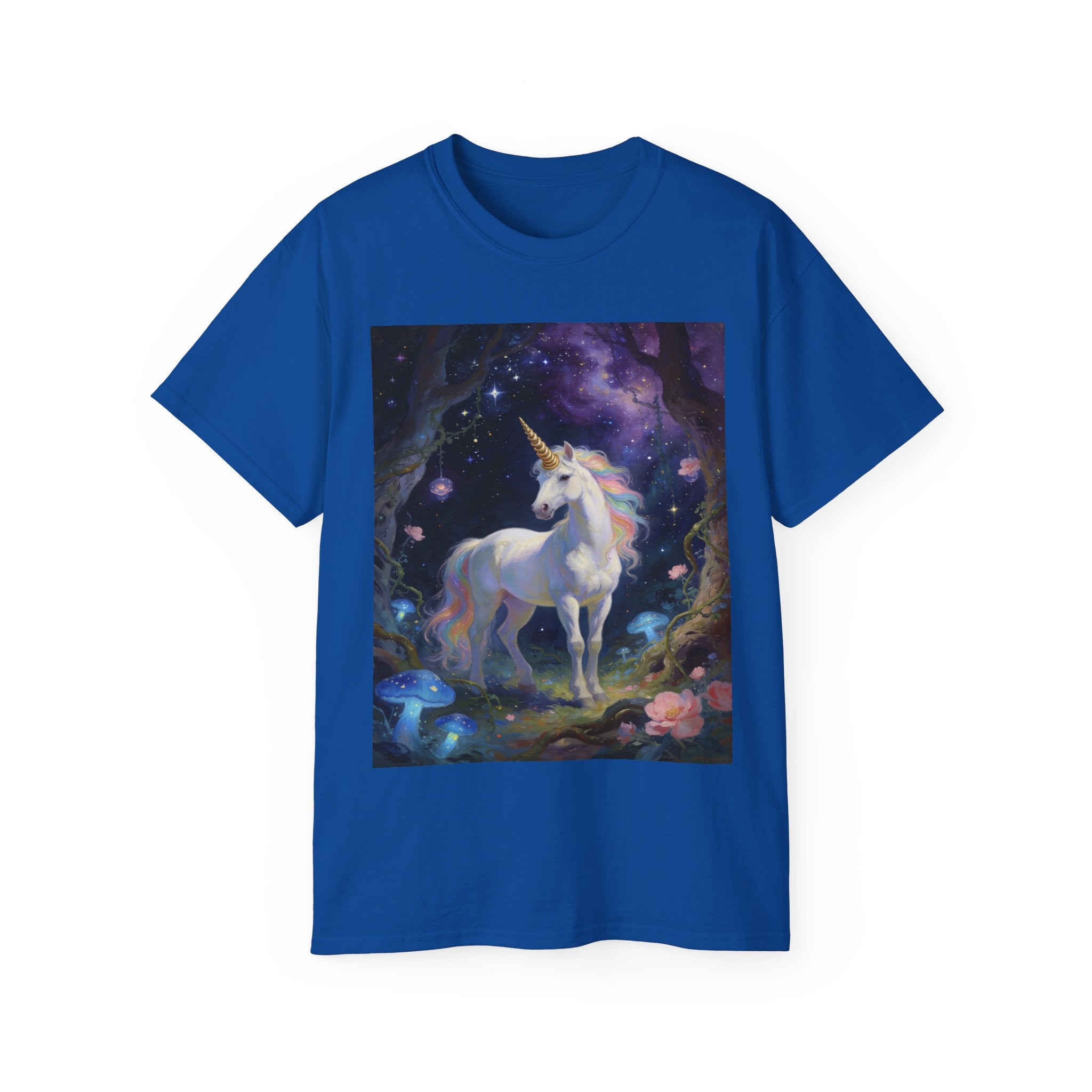 Unicorn Fantasy Cotton T‑Shirt — Enchanted Night Forest Graphic Tee